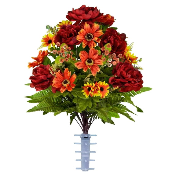 BULYAXIA Artificial Cemetery Flowers Realistic, Outdoor Grave Decorations - Non-Bleed Colors- Burgundy Peony and Orange Bouquet for Cemetery-vase Sold Separately