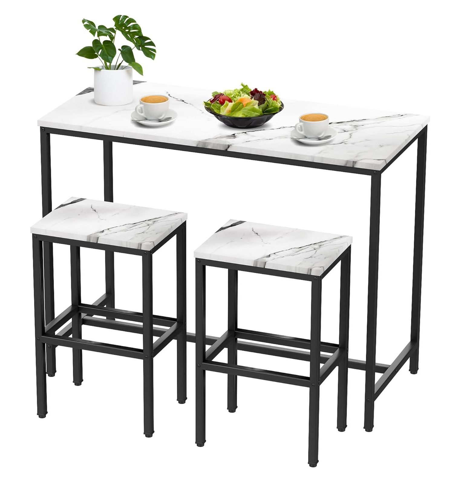 BULYAXIA Bar Table Set,44" White Faux Marble Top Bar Table and Chairs