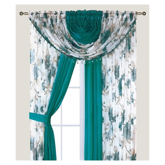 BULYAXIA Complete Window Sheer Two Tone Curtain Panel Set w/Valance and Tiebacks Multicolor Curtains for Bedroom and Living Room 4-Piece Set Window Curtain Panels 84 inches Turq Blossom and Turq