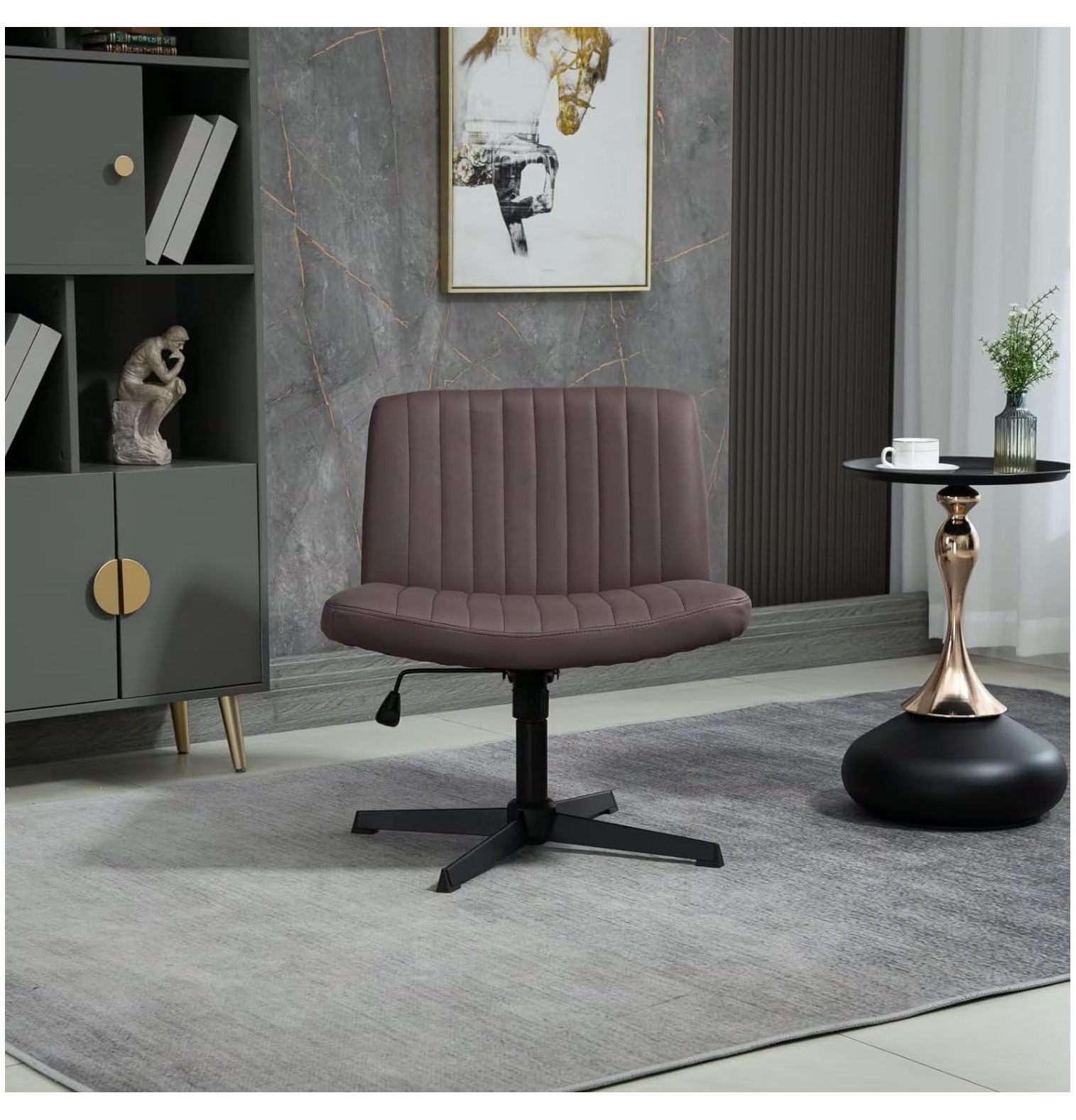 BULYAXIA Criss Cross Legged Office Chair, Armless Office Desk Chair No Wheels, PU Leather