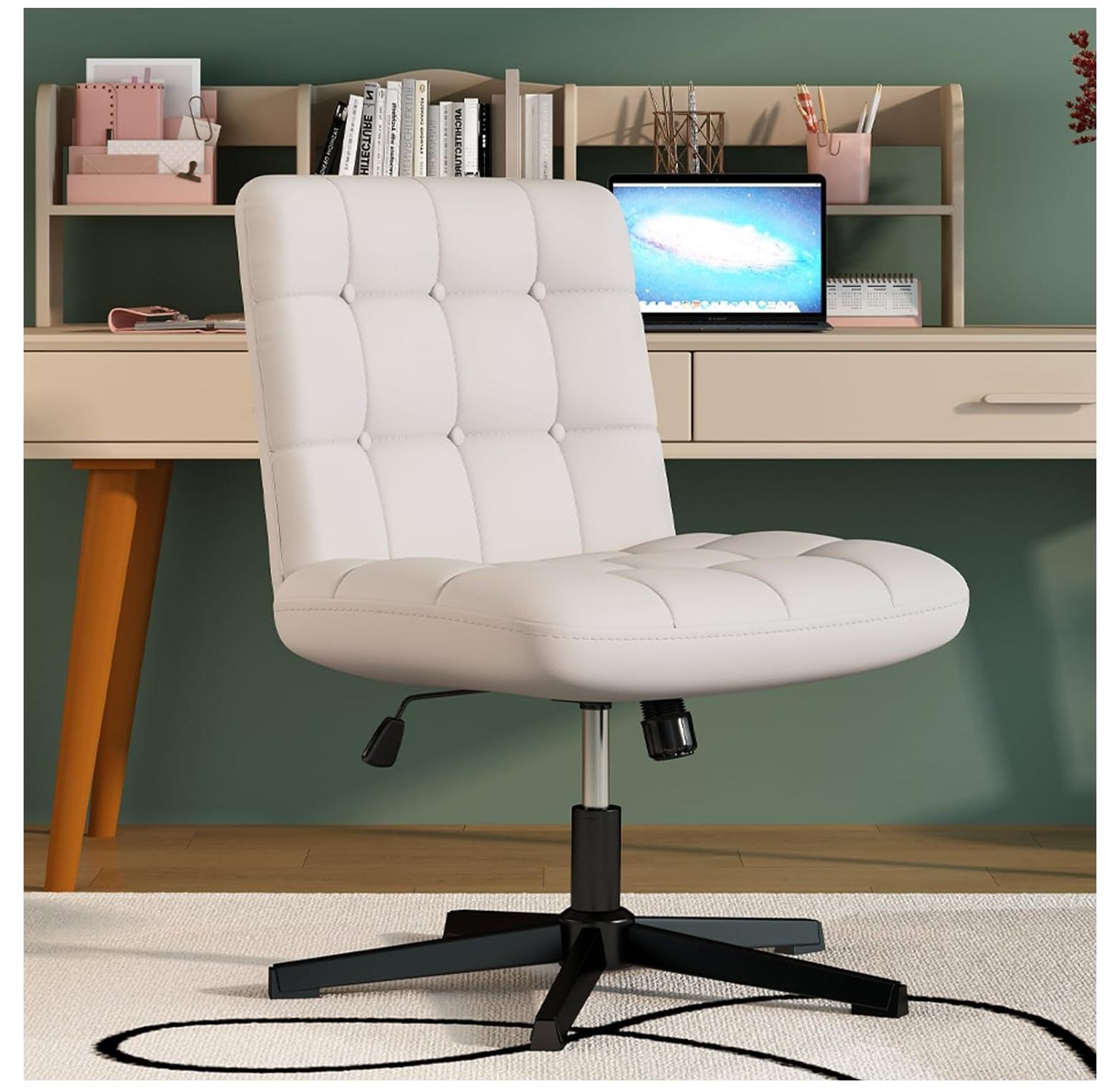 BULYAXIA Criss Cross Legged Office Chair, White Armless Desk Chair No Wheels, Wide Seat Home