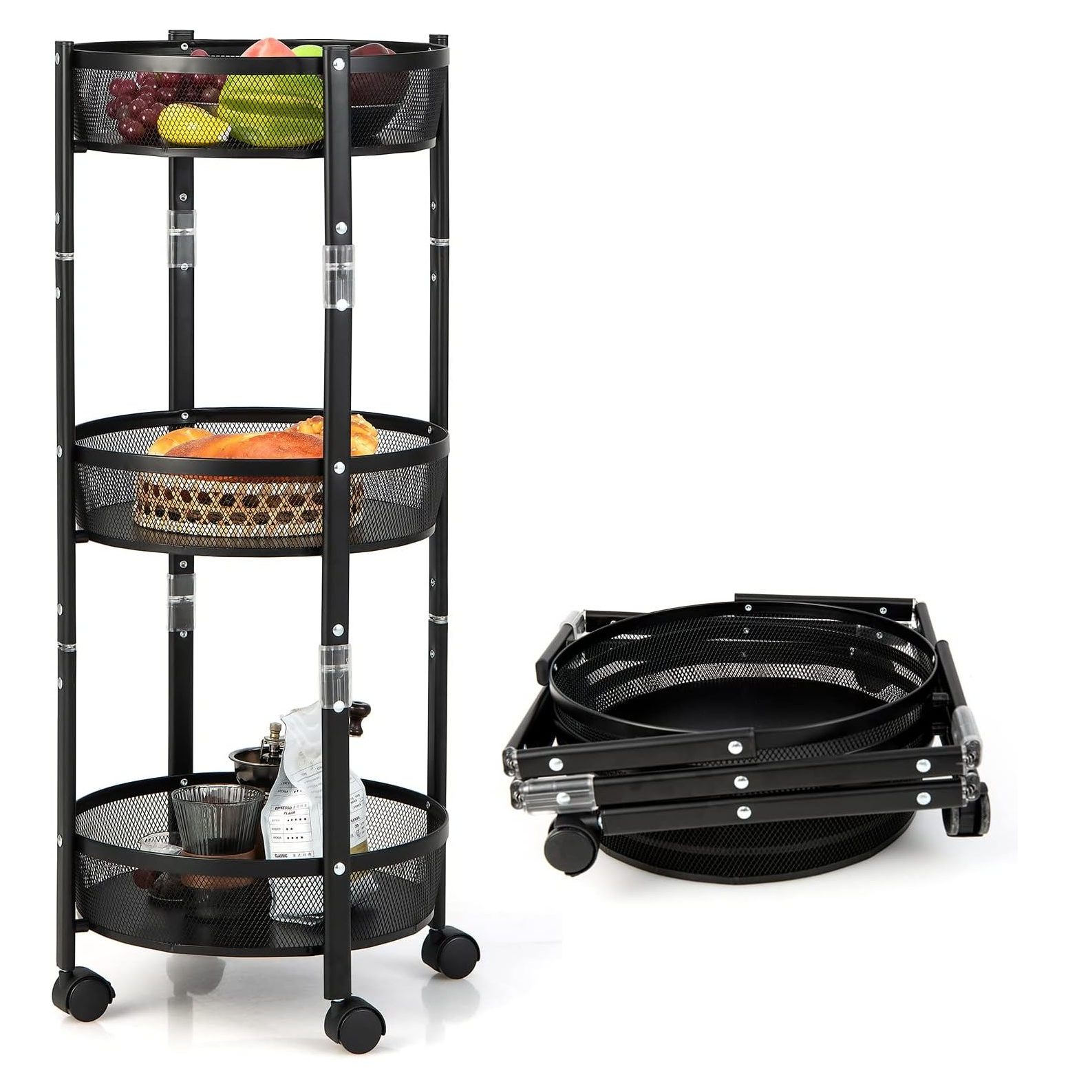 BULYAXIA Folding Storage Cart, 3Tier Metal Round Utility Rolling Cart Kitchen Storage Organizer