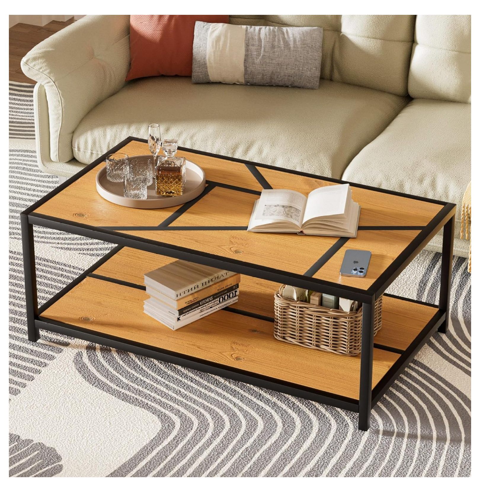 BULYAXIA Geometric Modern Coffee Table, Wood Coffee Tables for Living