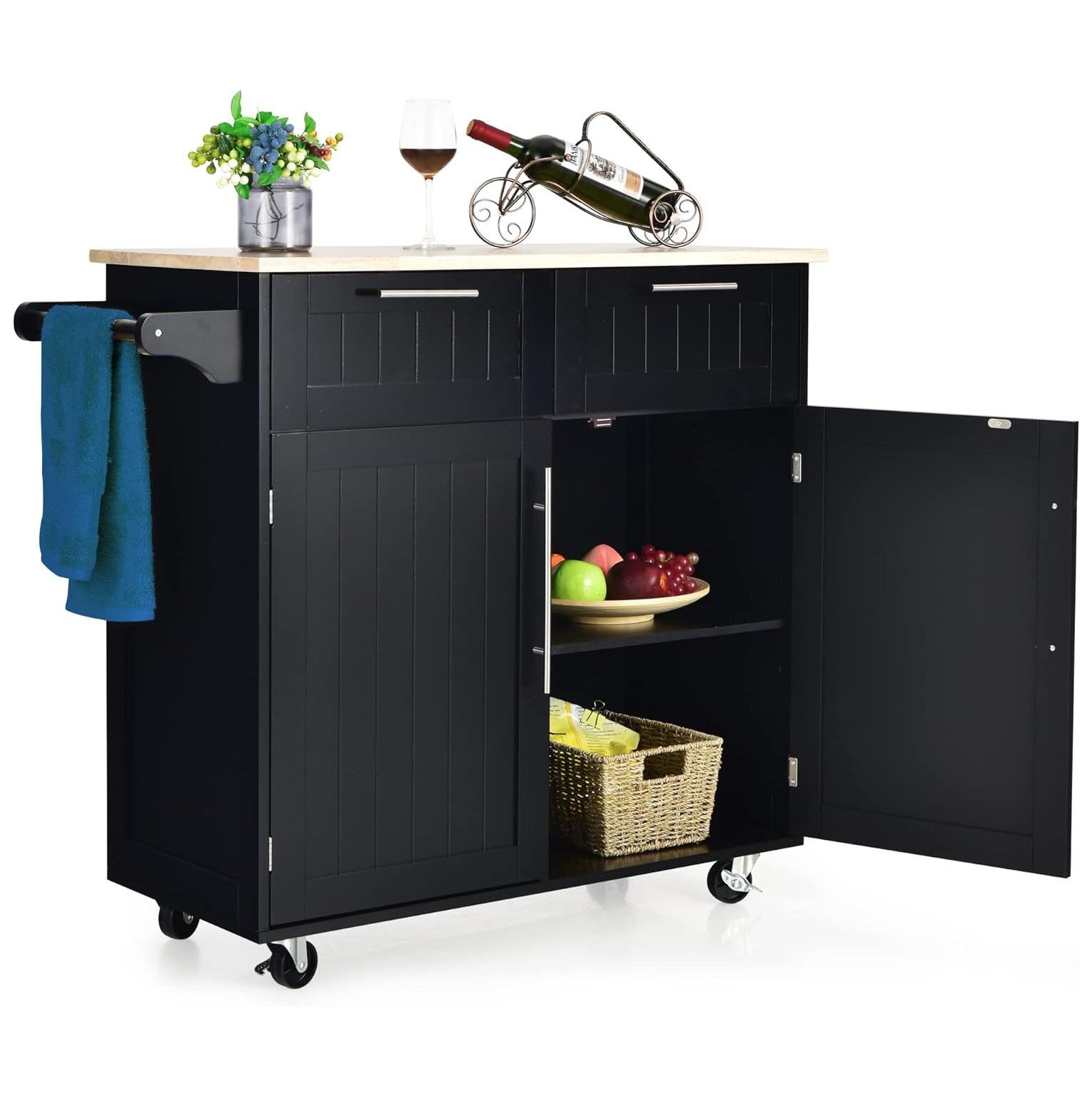 BULYAXIA Kitchen Island with Storage, Portable Kitchen Cart with Rubber
