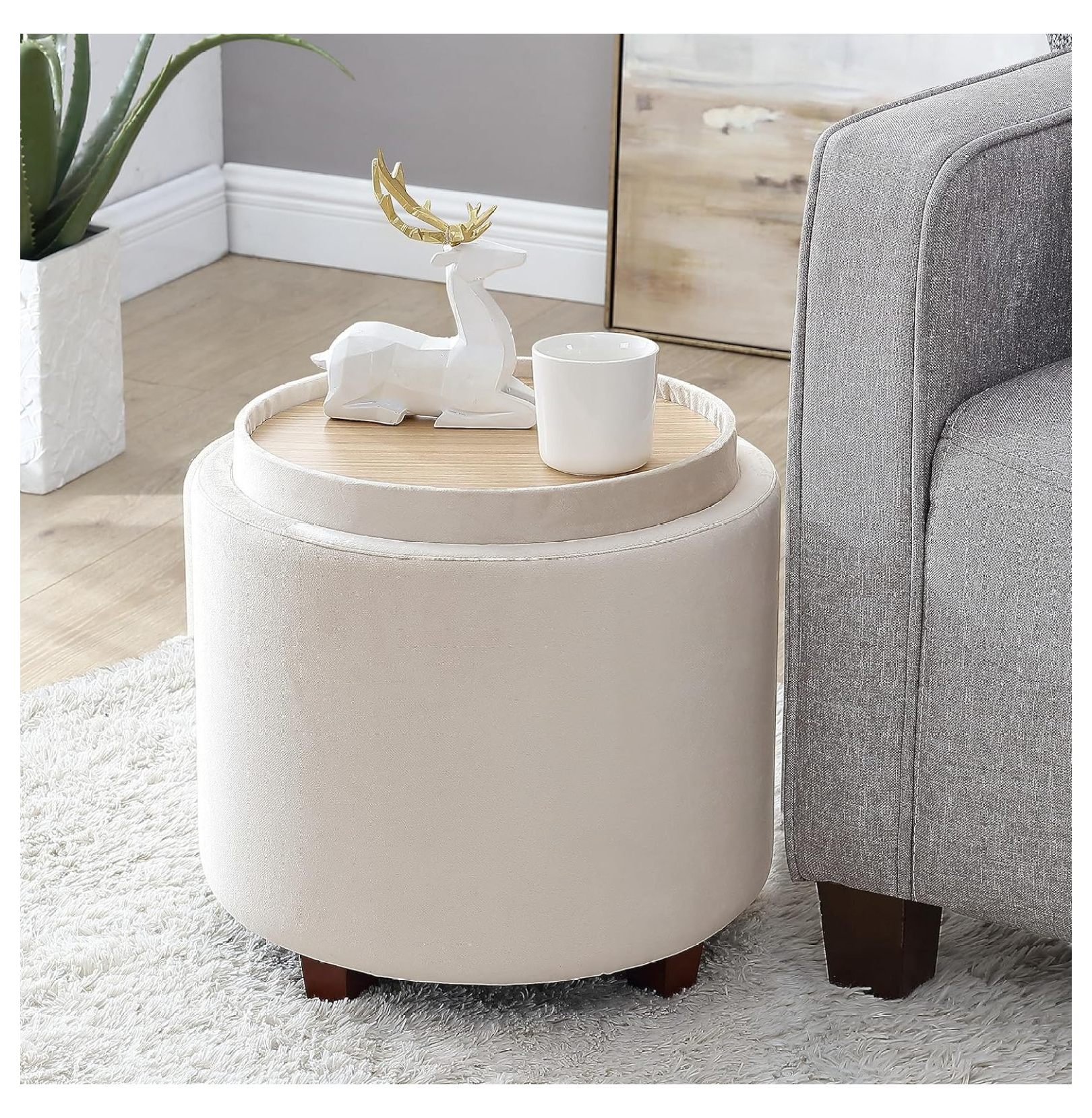 BULYAXIA Lawrence Round Storage Ottoman with Lift Off Lid and Tray Lid Coffee Table, Ottoman with Storage for Living Room, Bedroom and Office, Velvet Cream - image 1 of 7