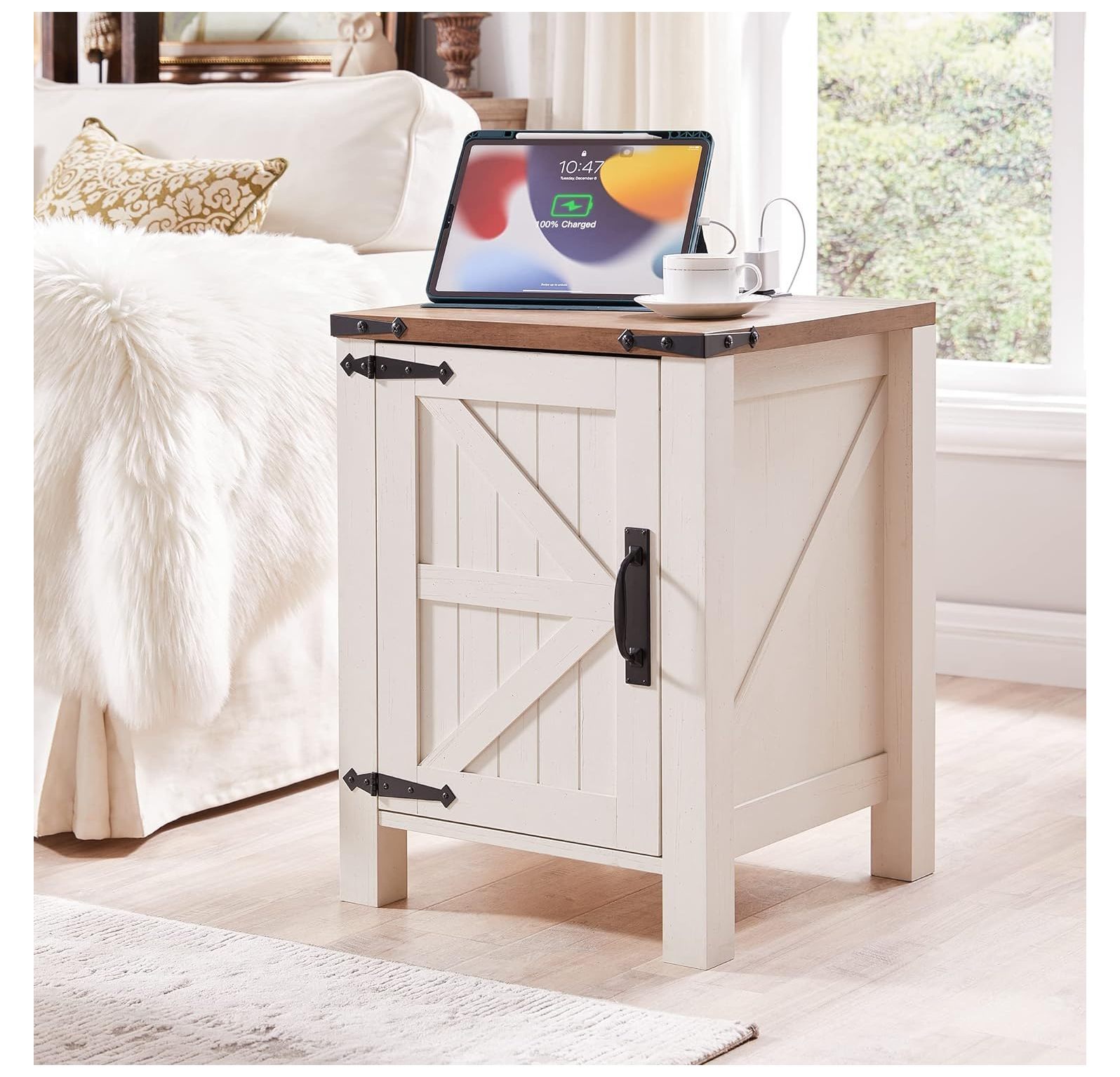 BULYAXIA Nightstand with Charging Station, 18 Inch Farmhouse End Table