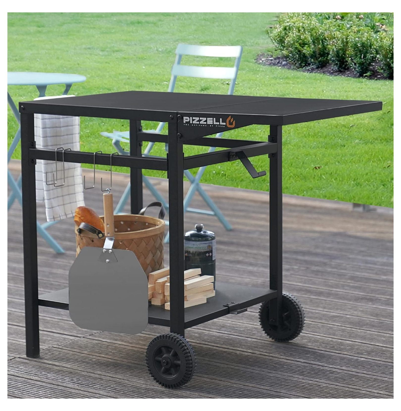 BULYAXIA Outdoor Grill Carts DoubleShelf Pizza Oven Trolley Movable