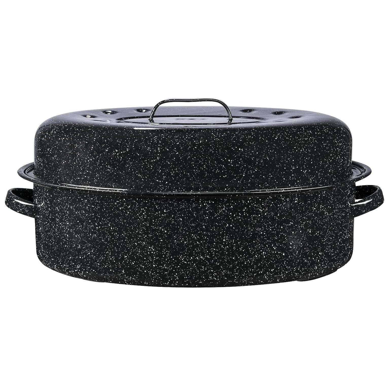 BULYAXIA Oval Roaster 19 inch with Lid (Speckled Black) Enamelware