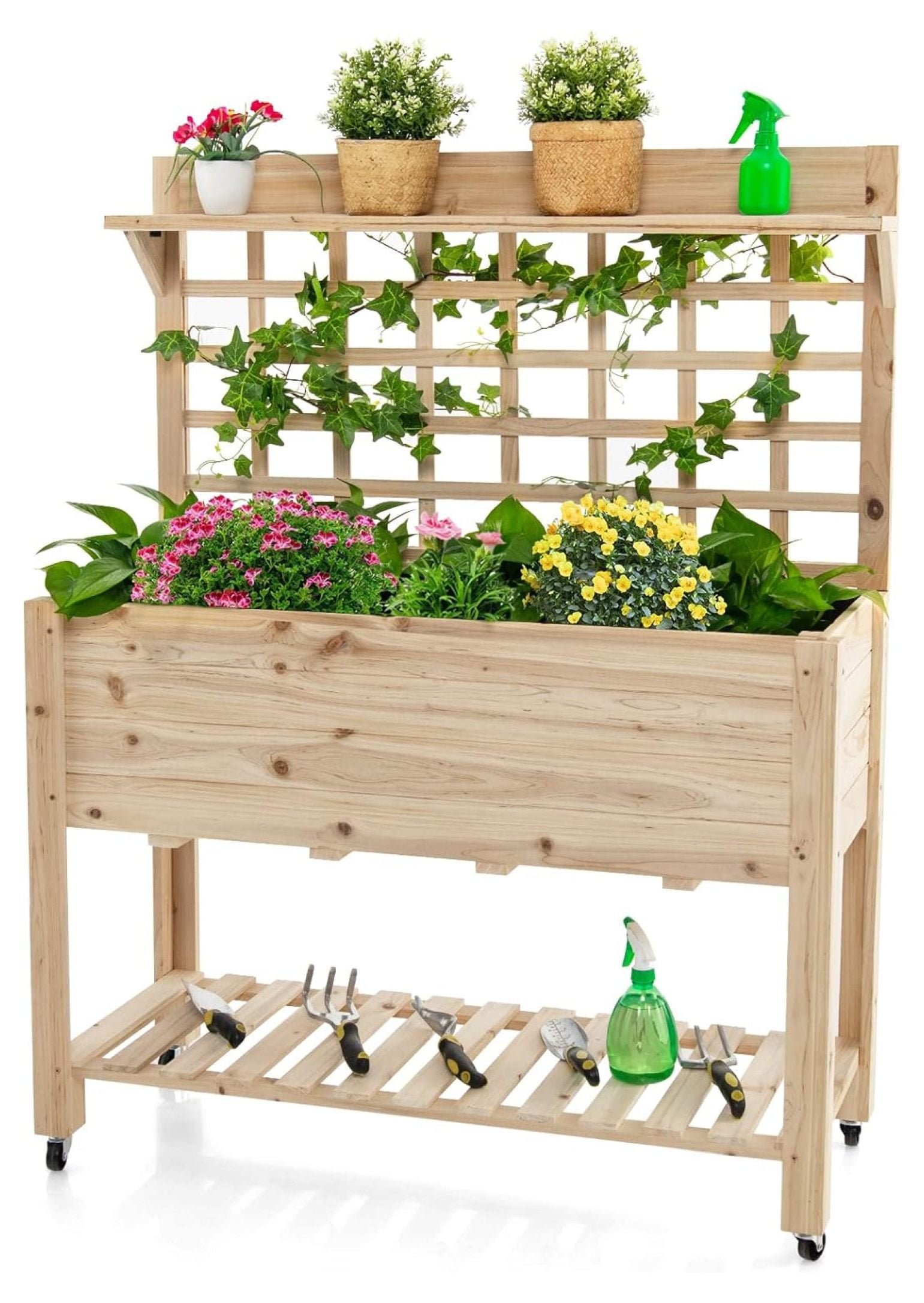 BULYAXIA Raised Garden Bed with Trellis, 41.5x16x54in Mobile Elevated Planter Box with Wheels
