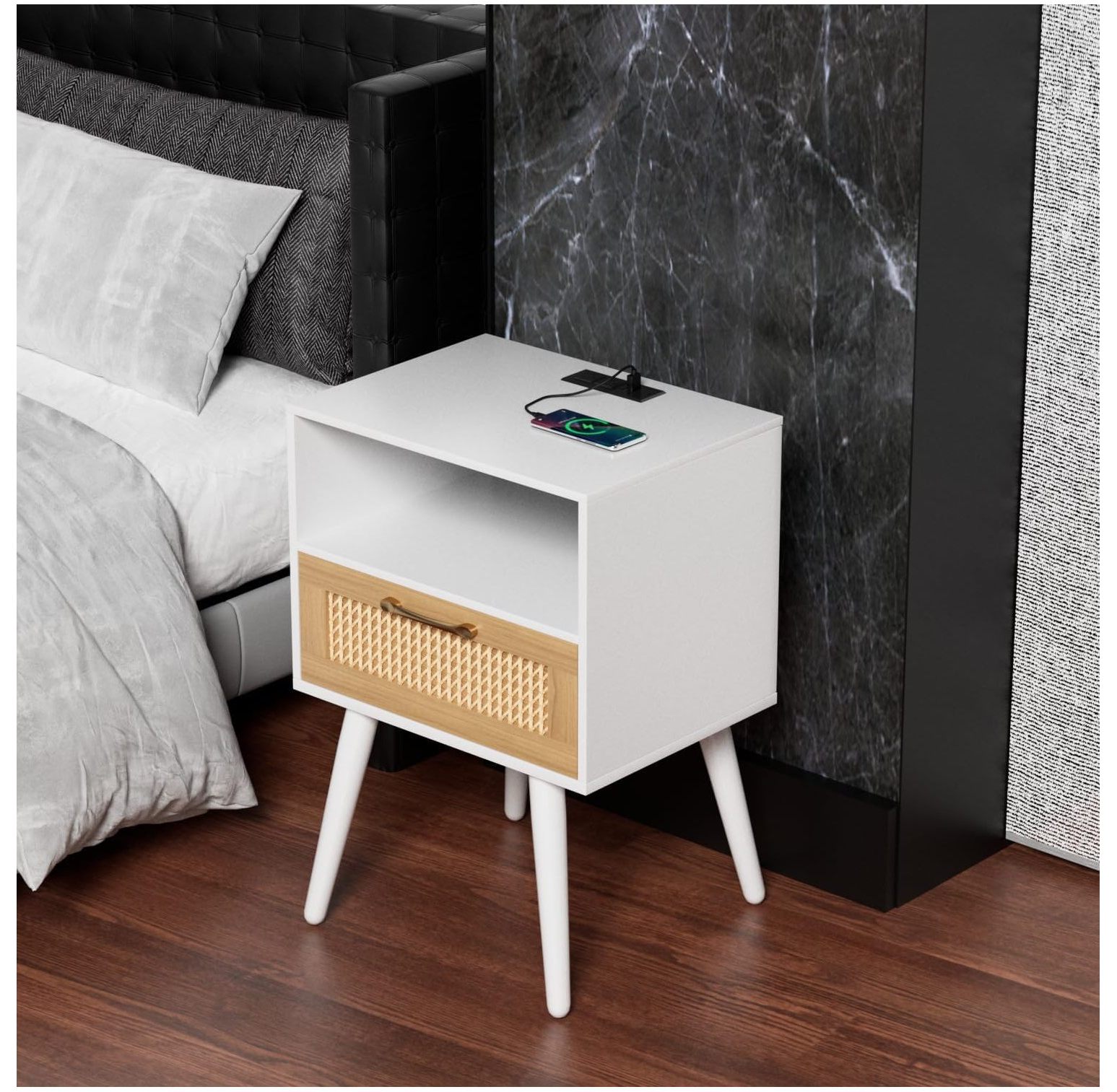 BULYAXIA Rattan Nightstand, Wooden Bedside Table with USB Charging Station, Small End Table with