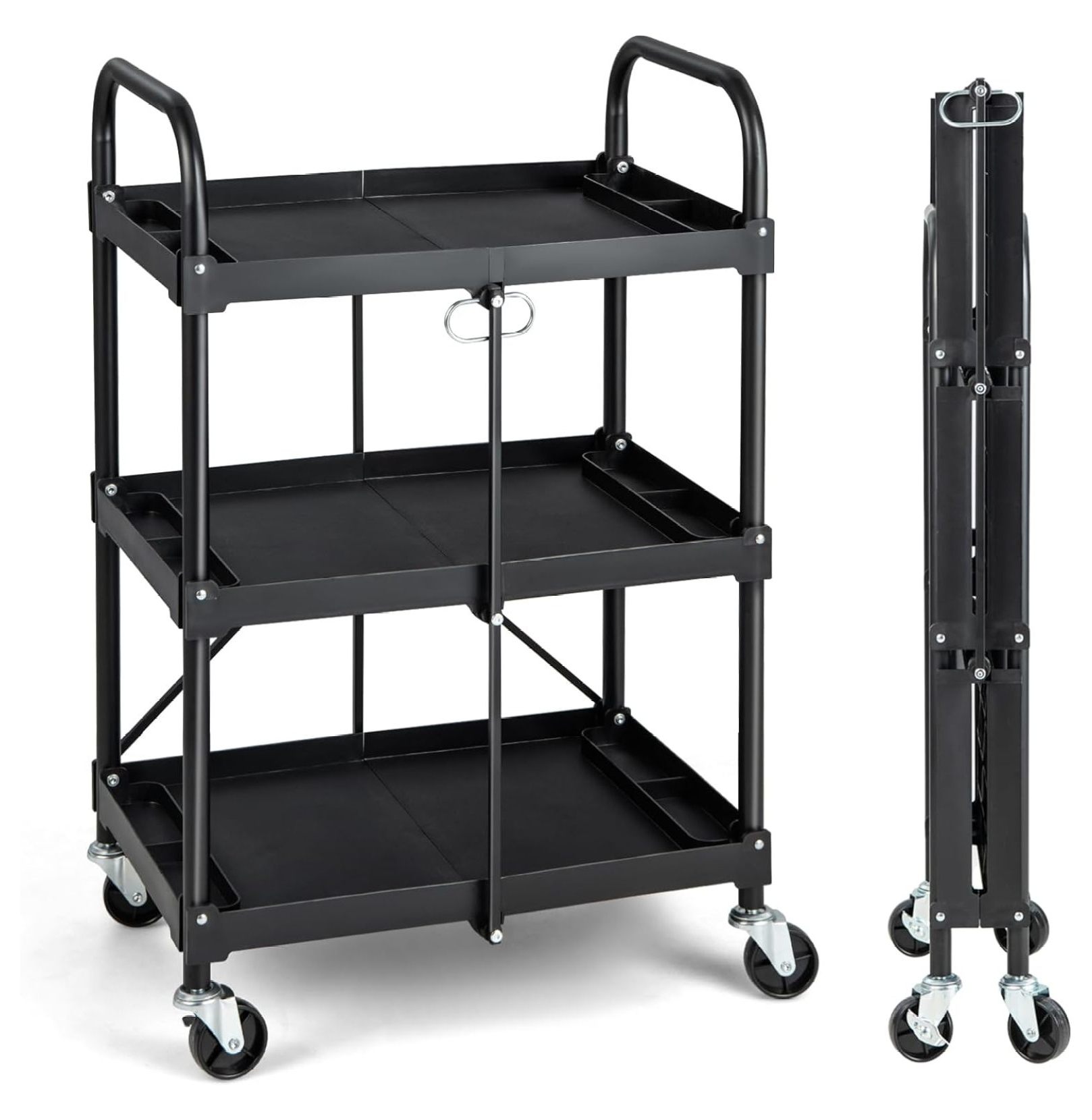 BULYAXIA Rolling Carts with Wheels, Foldable 3Tier Utility Kitchen