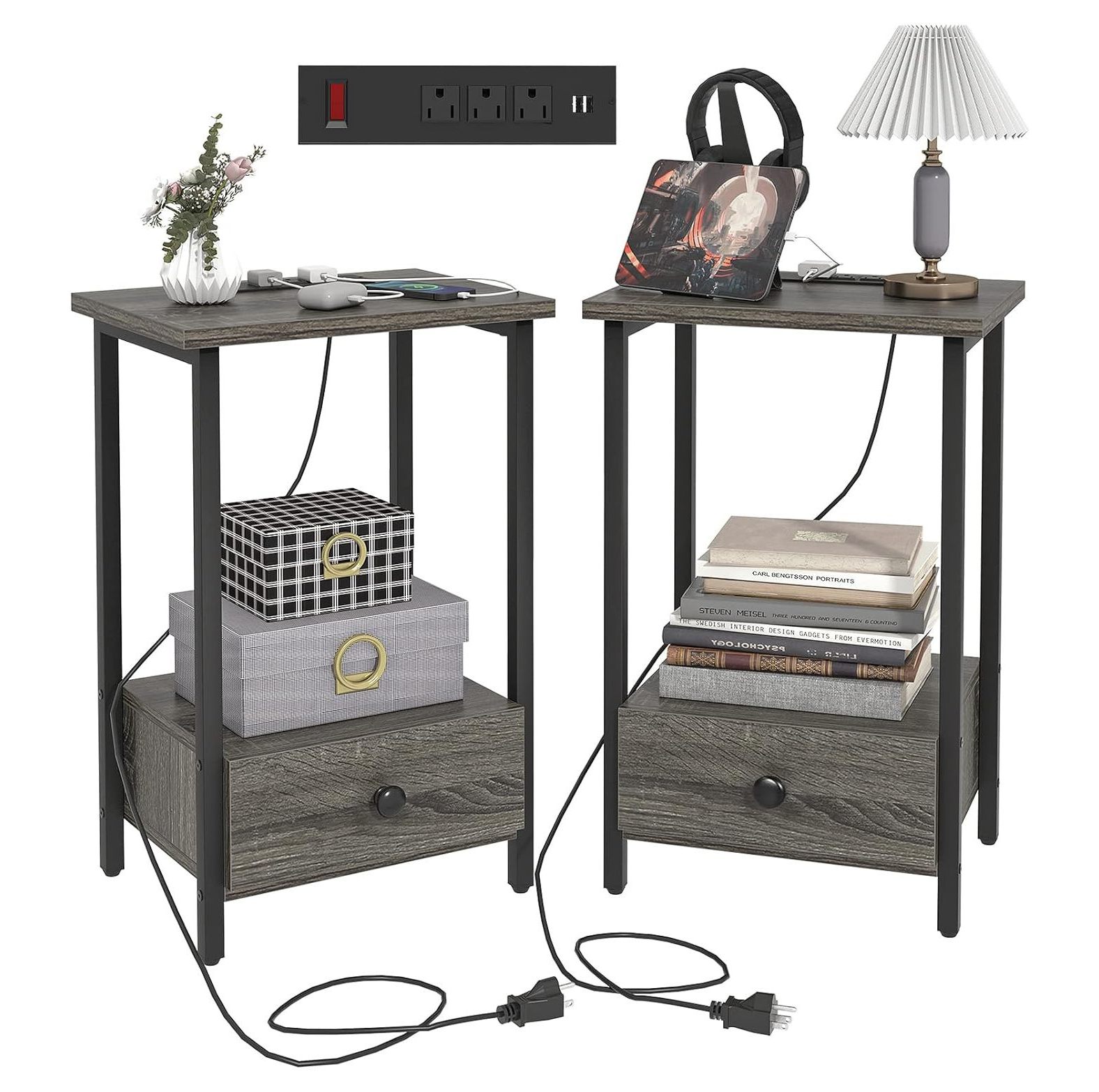 BULYAXIA Side Table with Charging Station, Night Stands for Bedrooms Set of 2 with Drawer and