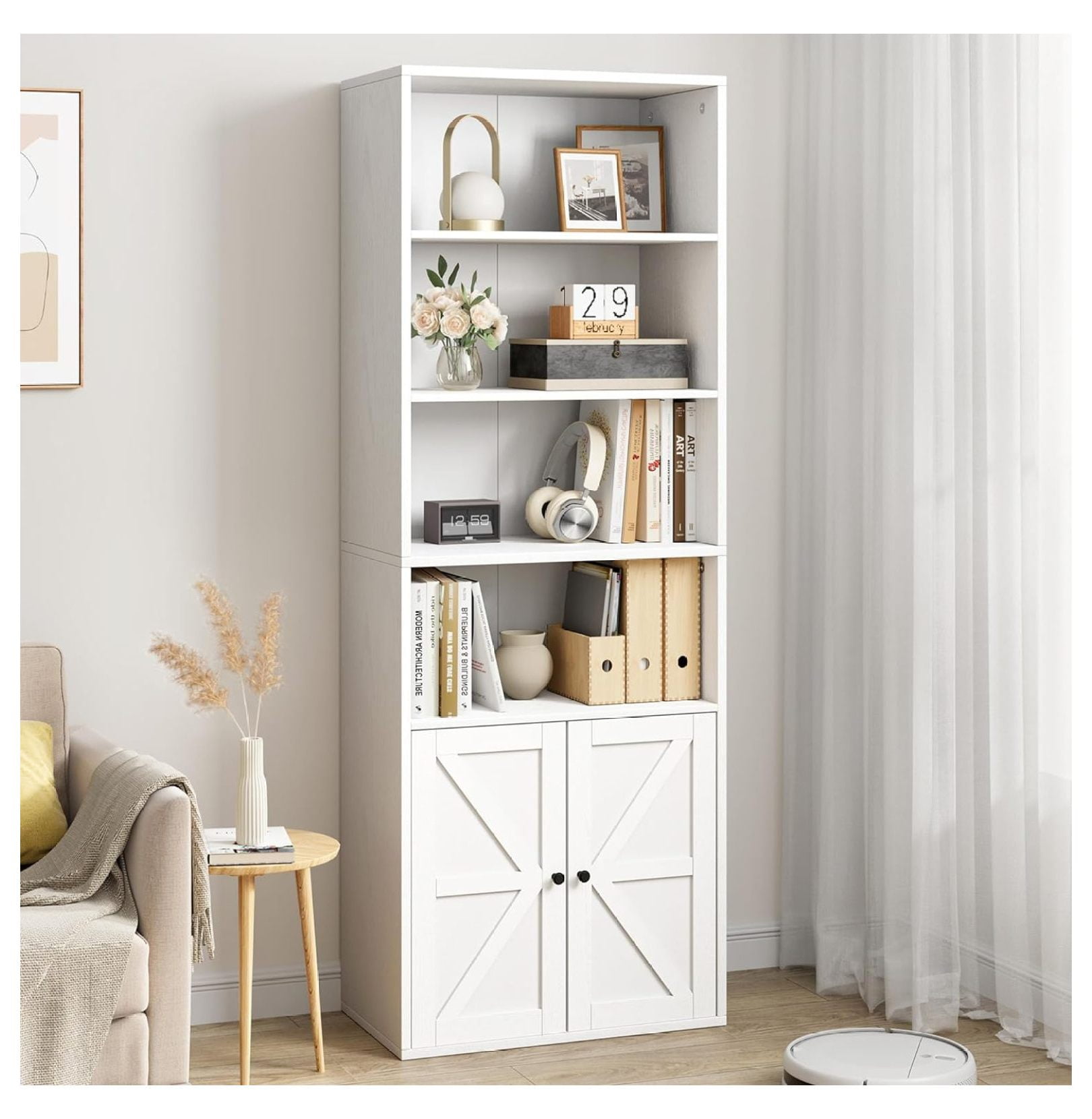 BULYAXIA White Bookcase with Doors Industrial Bookshelf 11.8in Depth