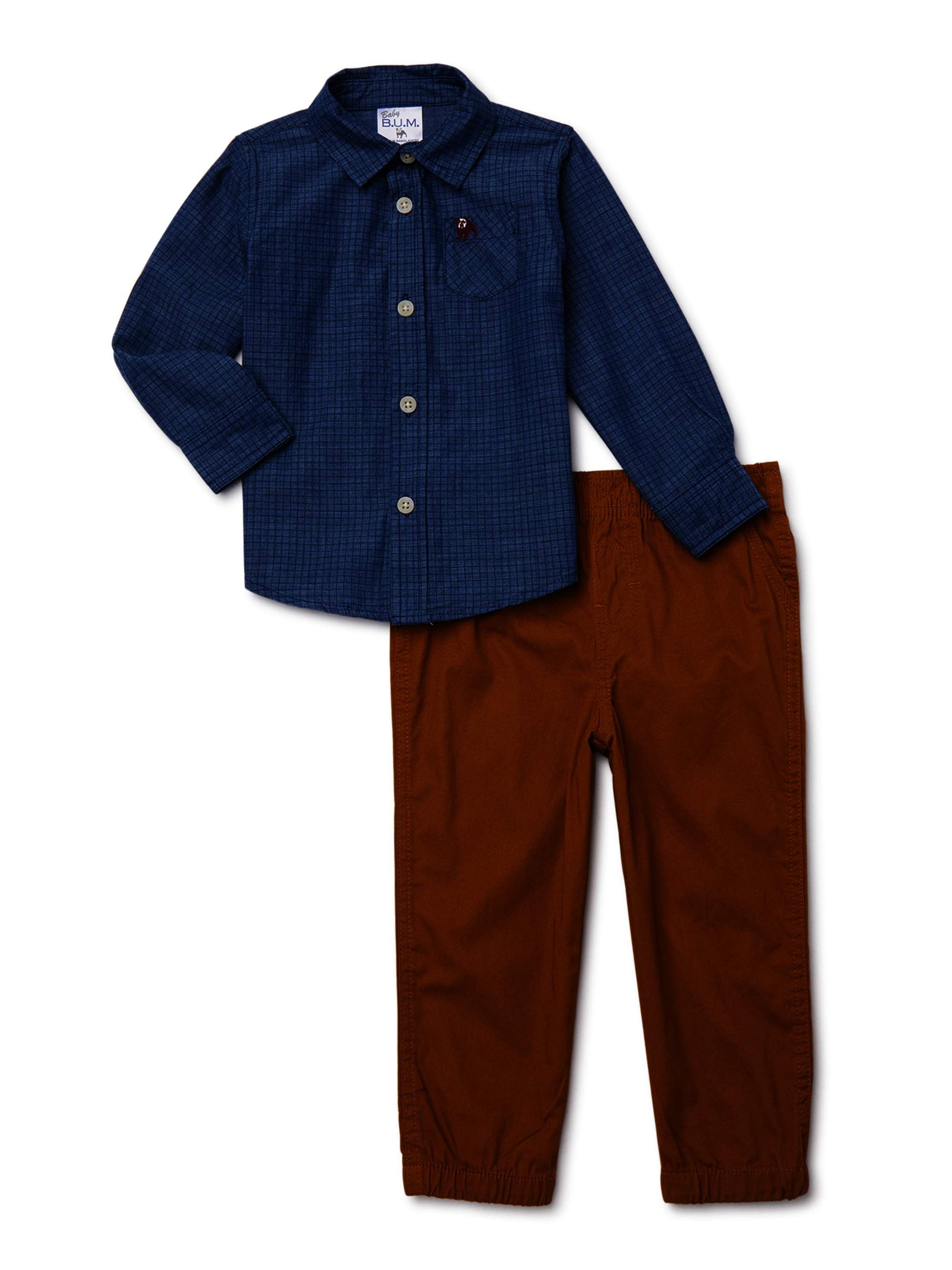 BUM Equipment Baby Boy Long Sleeve Shirt and Twill Pants Outfit, 2Piece Set