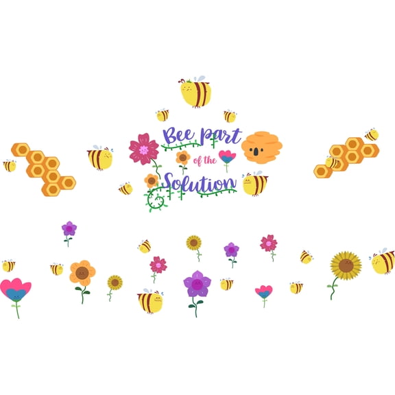 BUMBLEBEE & BEEHIVE - Kids Bedroom Art Bees Decor Beehive Flowers & Plants Honeycomb Design Vinyl Wall Decal Sticker - Home Living Room Be Part Of The Solution Quotes Wall Decoration 40" x 20"