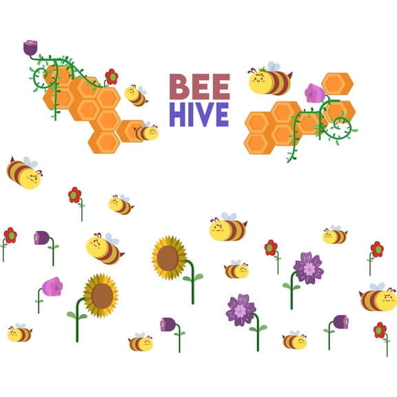 BUMBLEBEE & BEEHIVE - Vinyl Adhesive Home Living Room Insect Colony Art Decoration Beehive Honey Comb Design Wall Decal - Kids Bedroom Multicolored Plants And Flowers Wall Decor Sticker 20" x 14"