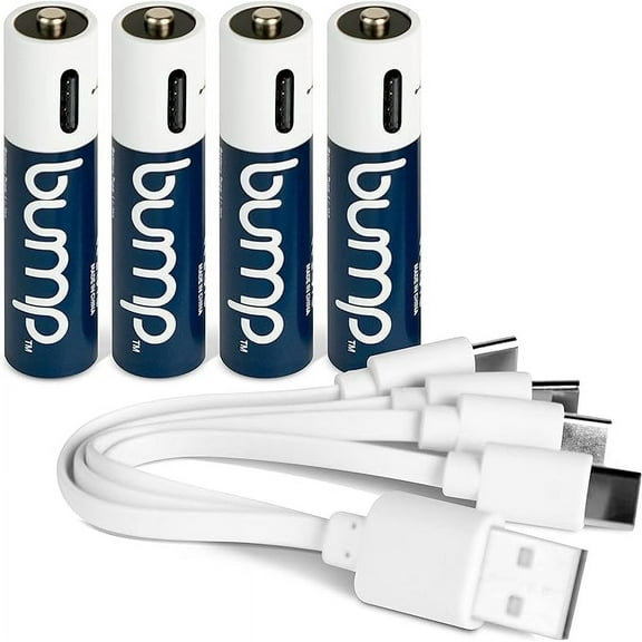 BUMP AAA Rechargeable Batteries - 4 Pack - Lithium Ion, High Output, Fast & Long Lasting USB-C Charge, Use w/Remote Control, Battery Operated Toys, Keyboard, Wireless Mice, Charger Cable Included