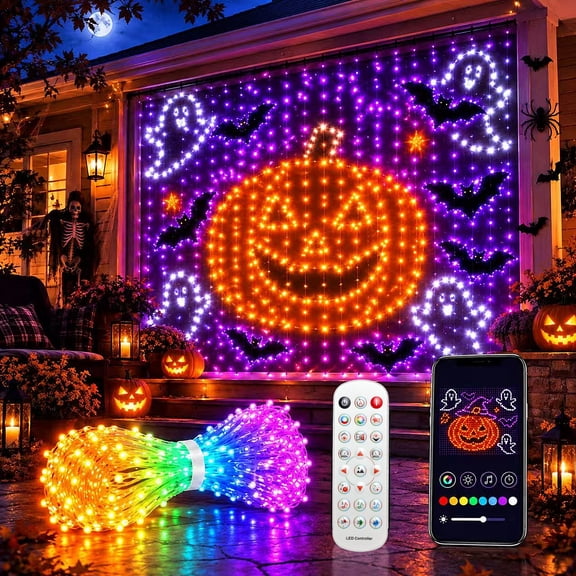 BUNACET Smart Curtain Lights, 256LED 3.3 x 3.3FT Color Changing Halloween Christmas Lights with Remote & APP, Bonus 48‑Pcs Bat Decals, Dynamic DIY Fairy String Lights for Bedroom Holidays Decor