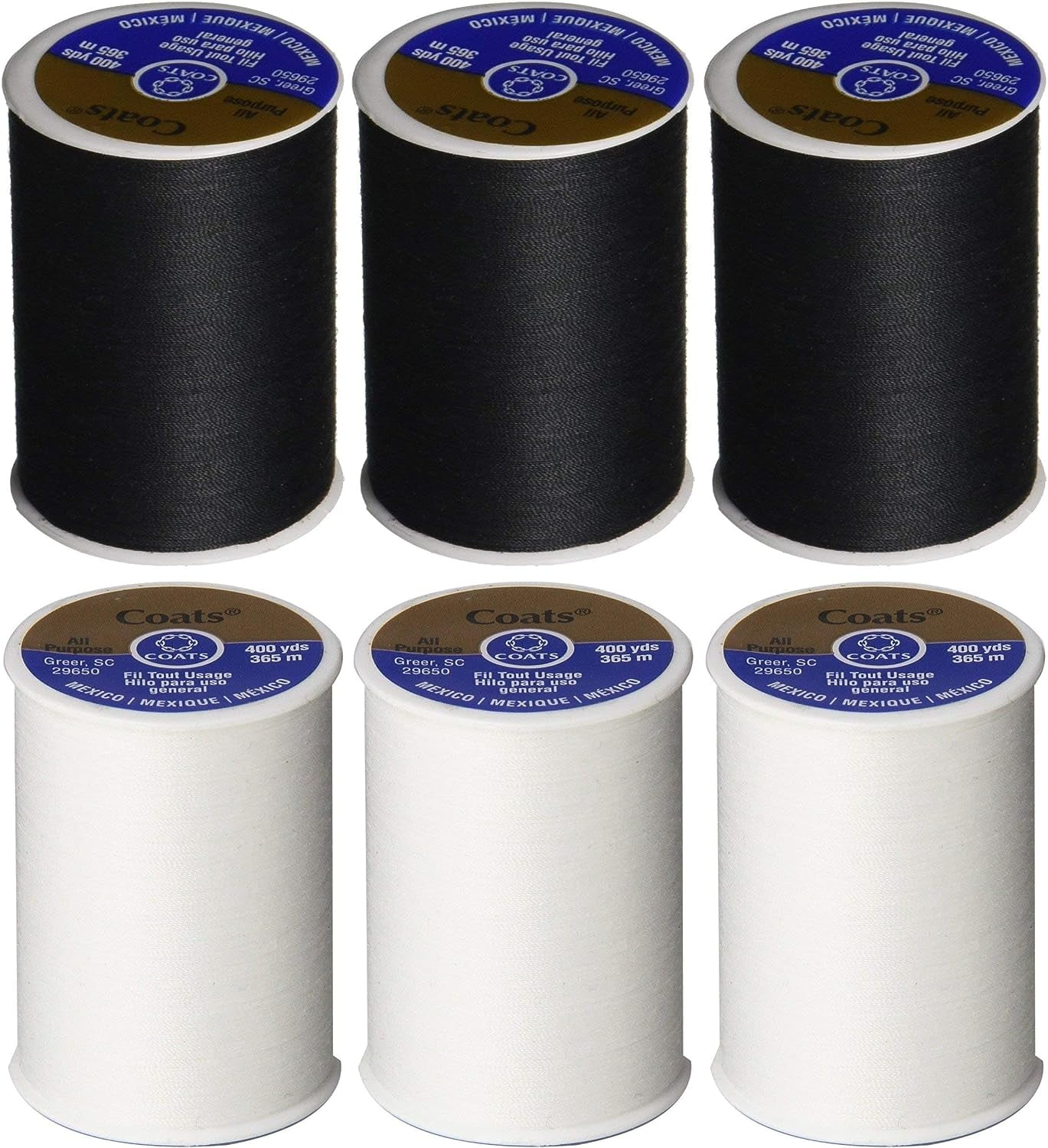 [BUNDLE 6PACK] Coats & Clark AllPurpose Thread White (230A1) + Black (230A2) 400 yards