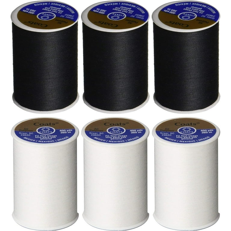 6 Pack Bundle - 3 Black + 3 White - Coats & Clark Dual Duty All-Purpose Thread - Three 400 Yard Spools Each of Black & White