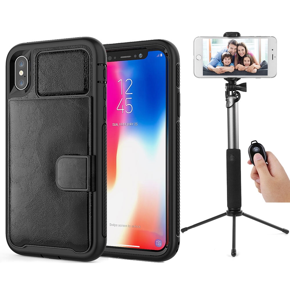 BUNDLE: Kona Vegan Leather Folio Wallet Case (Black) & Selfie Stick Mini Tripod 2.0 (Silver) for Apple iPhone XS / X - Kickstand, Card Slots, Car Mount Compatible, Magnetic Closure