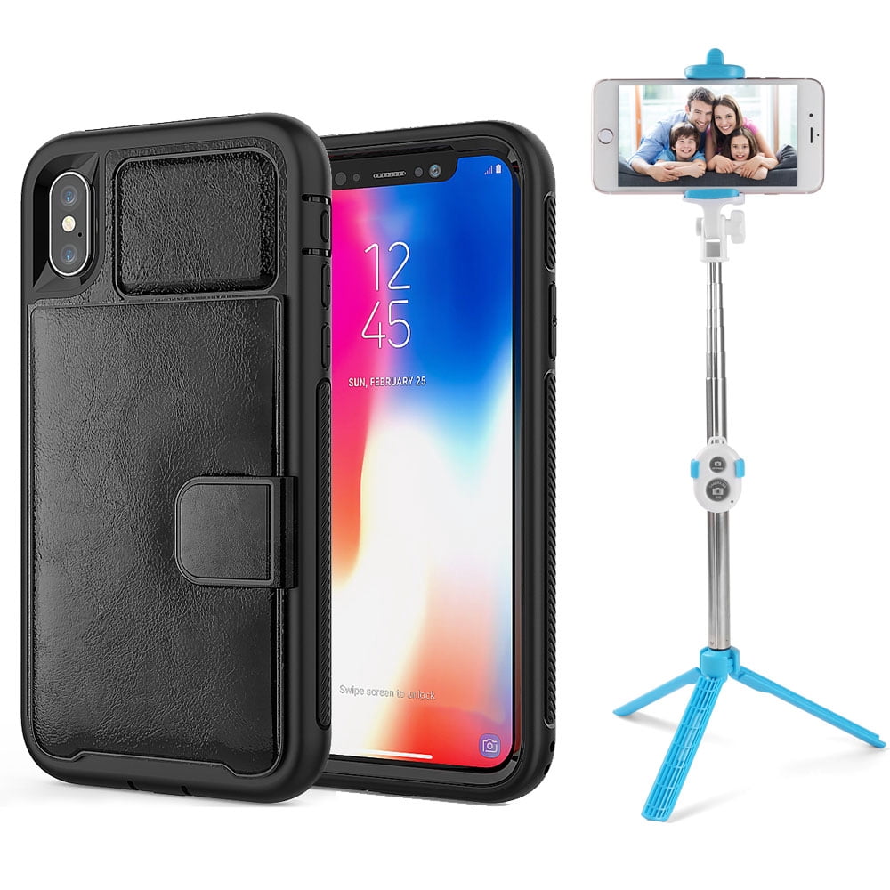 BUNDLE: Kona Vegan Leather Folio Wallet Case (Black) & Selfie Stick Mini Tripod (Aqua) for Apple iPhone XS / X - Kickstand, Card Slots, Car Mount Compatible, Magnetic Closure