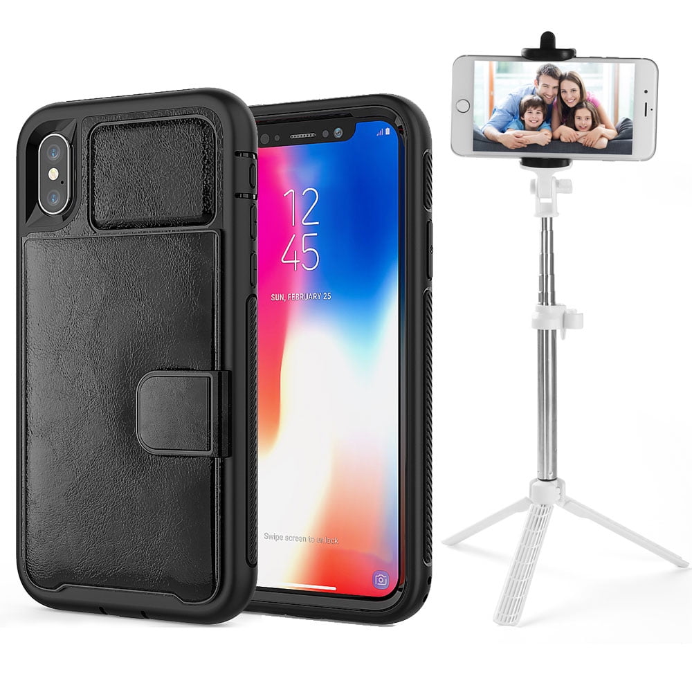 BUNDLE: Kona Vegan Leather Folio Wallet Case (Black) & Selfie Stick Mini Tripod (White) for Apple iPhone XS / X - Kickstand, Card Slots, Car Mount Compatible, Magnetic Closure