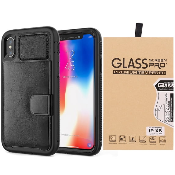 BUNDLE: Kona Vegan Leather Folio Wallet Case (Black) & Tempered Glass Screen Protector for Apple iPhone XS / X - Kickstand, Card Slots, Car Mount Compatible, Magnetic Closure, 2 Layer Protection