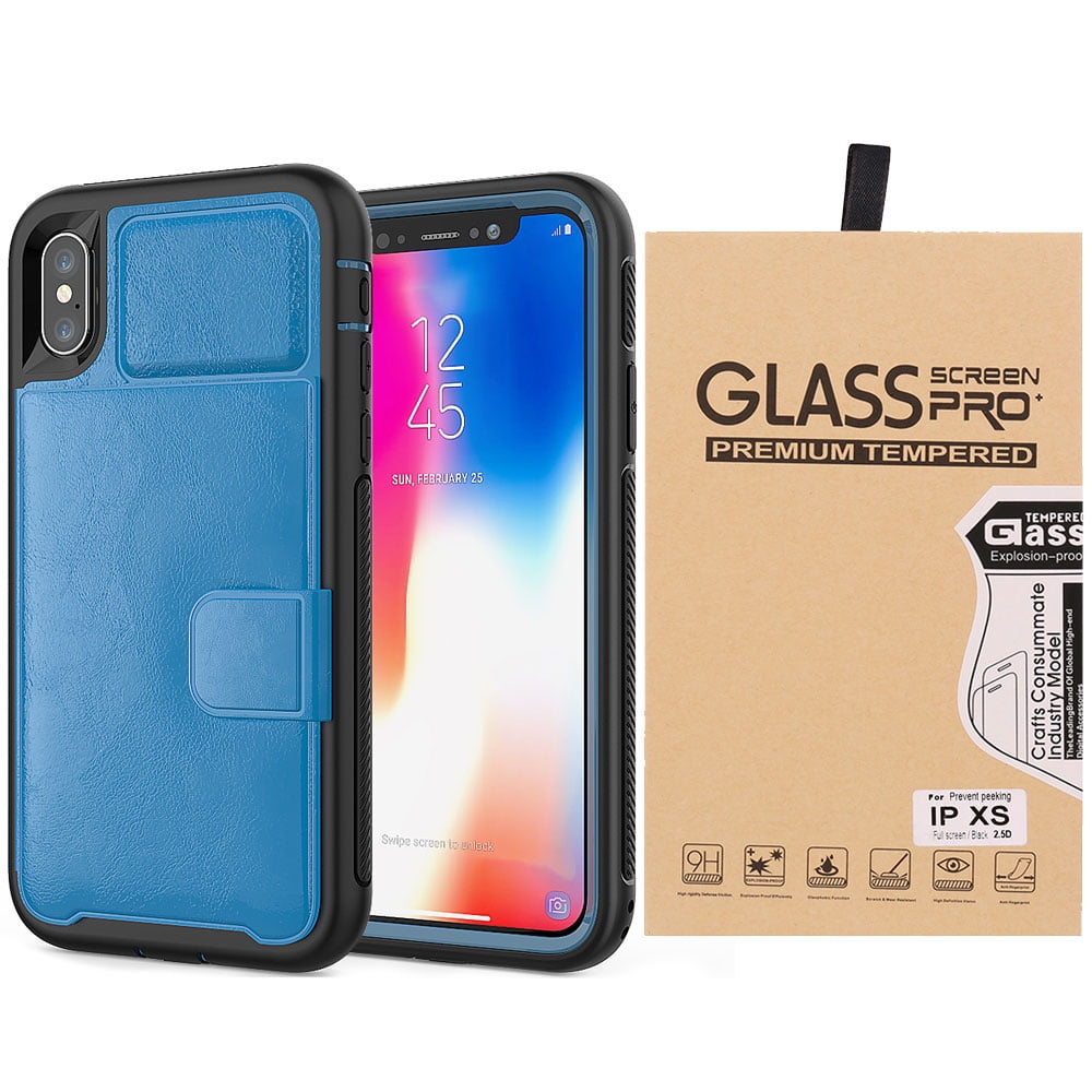 BUNDLE: Kona Vegan Leather Folio Wallet Case (Blue) & Privacy Tempered Glass Screen Protector for Apple iPhone XS / X - Kickstand, Card Slots, Car Mount Compatible, Magnetic Closure, Dual Layer