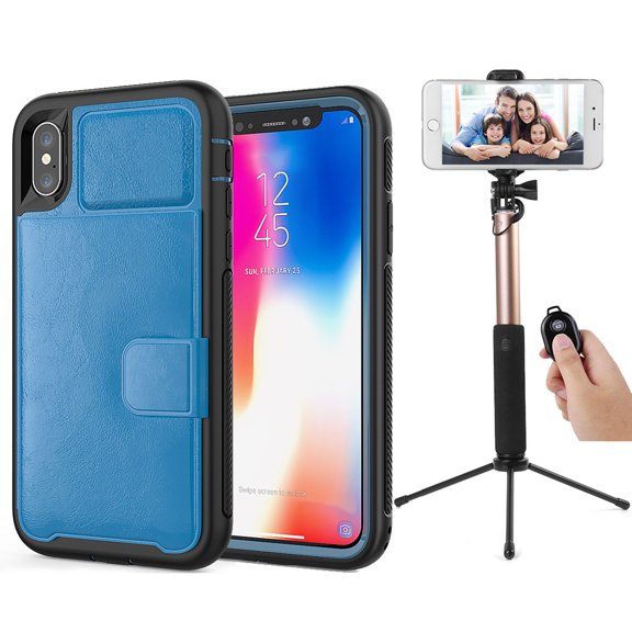 BUNDLE: Kona Vegan Leather Folio Wallet Case (Blue) & Selfie Stick Mini Tripod 2.0 (Gold) for Apple iPhone XS / X - Kickstand, Card Slots, Car Mount Compatible, Magnetic Closure