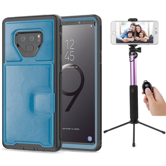 BUNDLE: Kona Vegan Leather Folio Wallet Case (Blue) & Selfie Stick Mini Tripod 2.0 (Purple) for Samsung Galaxy Note 9 - Kickstand, Card Slots, Car Mount Compatible, Magnetic Closure