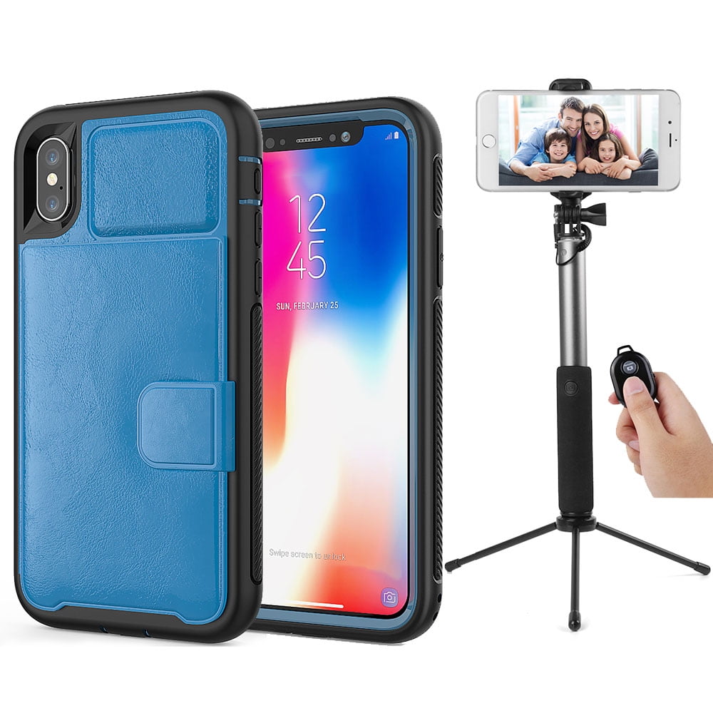 BUNDLE: Kona Vegan Leather Folio Wallet Case (Blue) & Selfie Stick Mini Tripod 2.0 (Silver) for Apple iPhone XS / X - Kickstand, Card Slots, Car Mount Compatible, Magnetic Closure