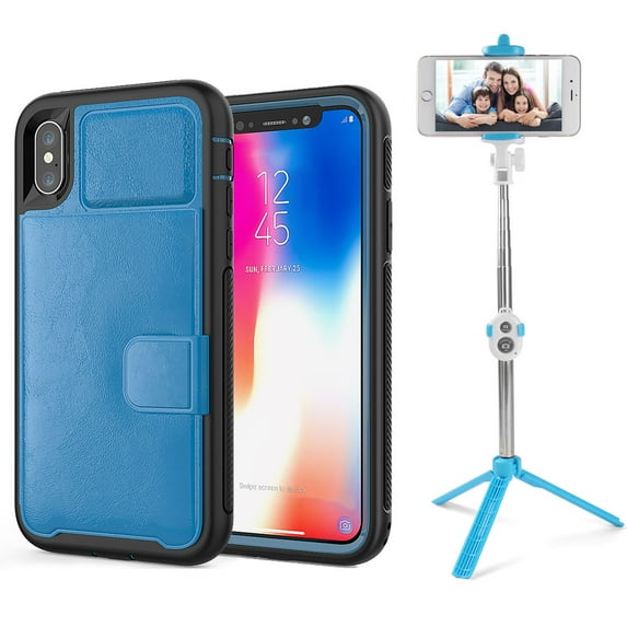 BUNDLE: Kona Vegan Leather Folio Wallet Case (Blue) & Selfie Stick Mini Tripod (Aqua) for Apple iPhone XS / X - Kickstand, Card Slots, Car Mount Compatible, Magnetic Closure