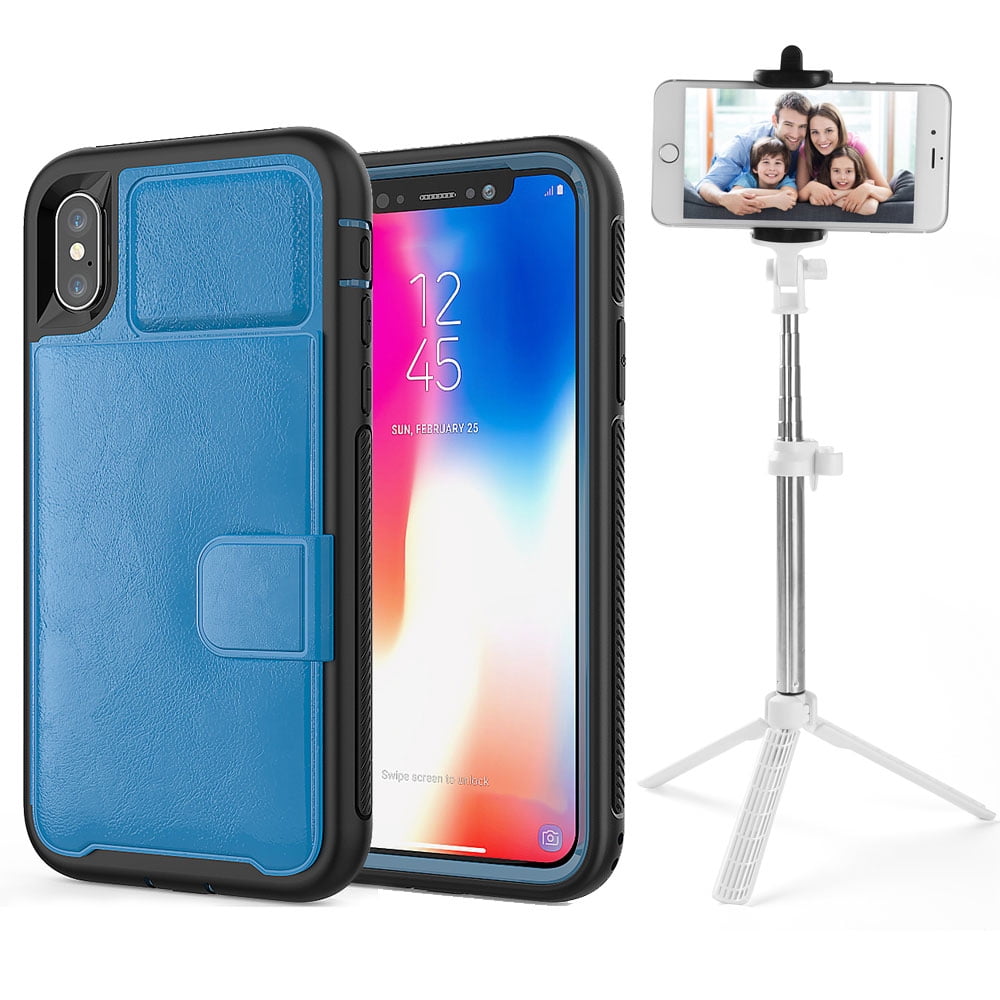 BUNDLE: Kona Vegan Leather Folio Wallet Case (Blue) & Selfie Stick Mini Tripod (White) for Apple iPhone XS / X - Kickstand, Card Slots, Car Mount Compatible, Magnetic Closure