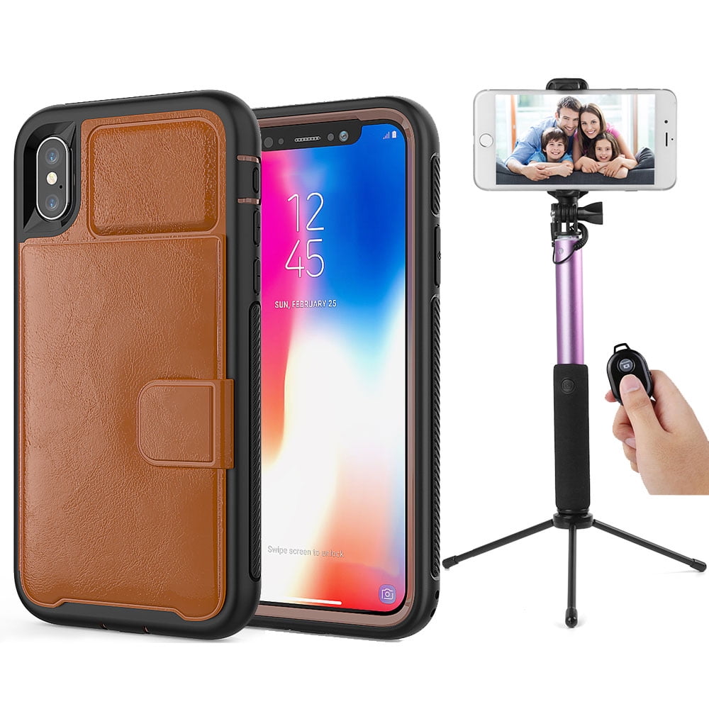 BUNDLE: Kona Vegan Leather Folio Wallet Case (Brown) & Selfie Stick Mini Tripod 2.0 (Purple) for Apple iPhone XS / X - Kickstand, Card Slots, Car Mount Compatible, Magnetic Closure