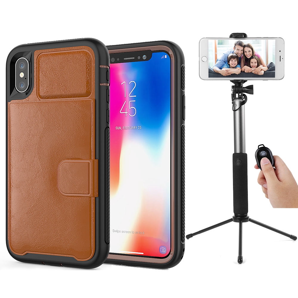 BUNDLE: Kona Vegan Leather Folio Wallet Case (Brown) & Selfie Stick Mini Tripod 2.0 (Silver) for Apple iPhone XS / X - Kickstand, Card Slots, Car Mount Compatible, Magnetic Closure