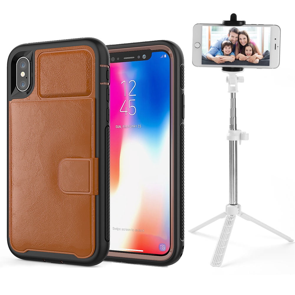 BUNDLE: Kona Vegan Leather Folio Wallet Case (Brown) & Selfie Stick Mini Tripod (White) for Apple iPhone XS / X - Kickstand, Card Slots, Car Mount Compatible, Magnetic Closure