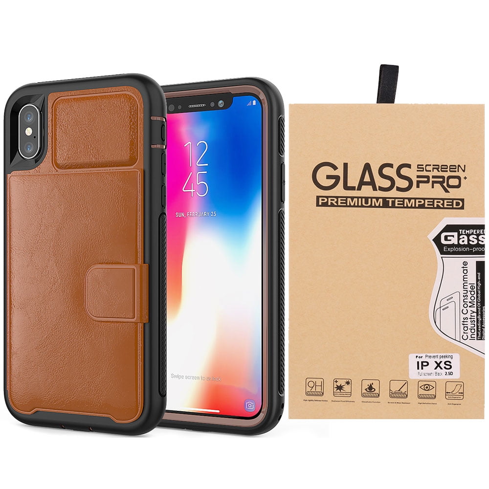 BUNDLE: Kona Vegan Leather Folio Wallet Case (Brown) & Tempered Glass Screen Protector for Apple iPhone XS / X - Kickstand, Card Slots, Car Mount Compatible, Magnetic Closure, 2 Layer Protection