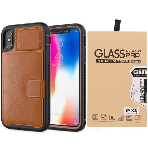 BUNDLE: Kona Vegan Leather Folio Wallet Case (Brown) & Tempered Glass Screen Protector for Apple iPhone XS / X - Kickstand, Card Slots, Car Mount Compatible, Magnetic Closure, 2 Layer Protection