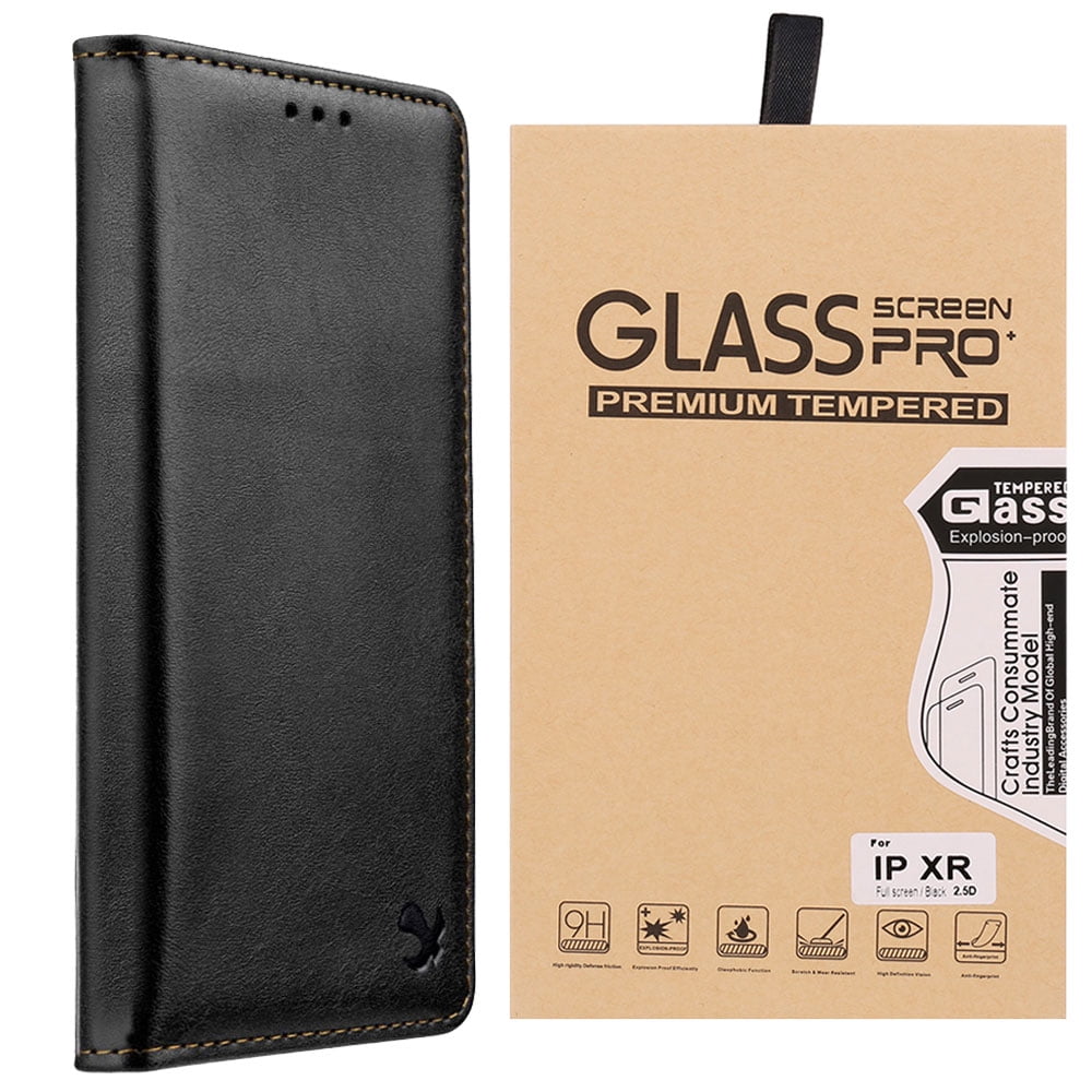 BUNDLE PACK: Vegan Leather Wallet Flip Case with Kickstand & Credit Card Slots (Black) Includes Tempered Glass Screen Protector for Apple iPhone XR