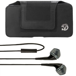 BUNDLE: Professional Vegan Leather Horizontal Smartphone Holster Case (Black) & Deluxe Stereo Hands-Free Headset fits Smartphones up to 6.7-inch iPhone XS Max / XR / 8+ Galaxy Note 9 / 8 S10 5G / S10+
