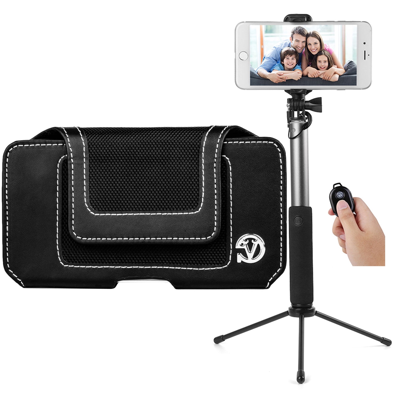 BUNDLE: Professional Vegan Leather Horizontal Smartphone Holster Case (Black) & Selfie Stick Mini Tripod 2.0 - fits Smartphones up to 6.1-inch iPhone XR / XS / X Galaxy S10e / S10 / S9 / J4 / J3