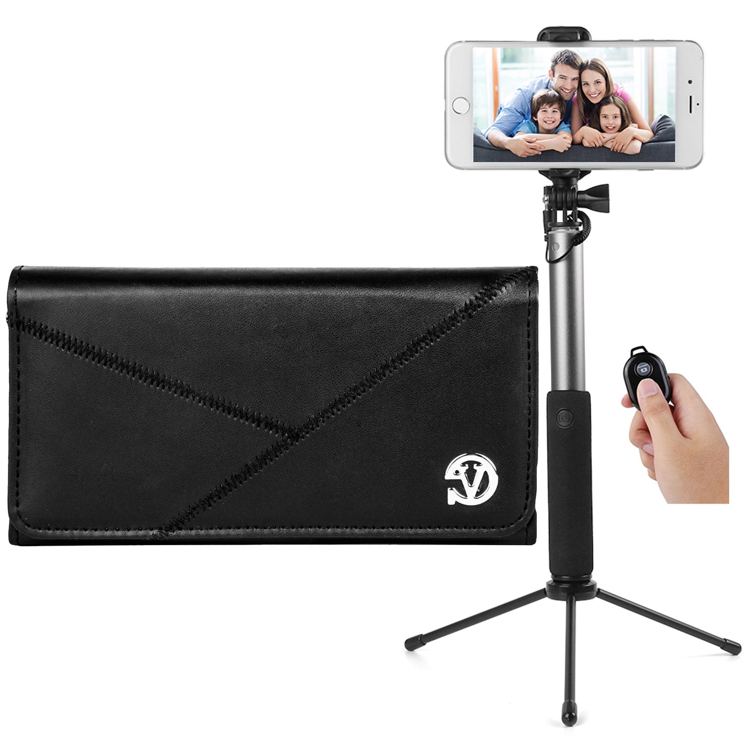 BUNDLE: Professional Vegan Leather Horizontal Smartphone Holster Case (Black) & Selfie Stick Mini Tripod 2.0 - fits Smartphones up to 6.1-inch iPhone XS / X Galaxy S10e / S10 / S9 / S8 / J3 Pixel 3