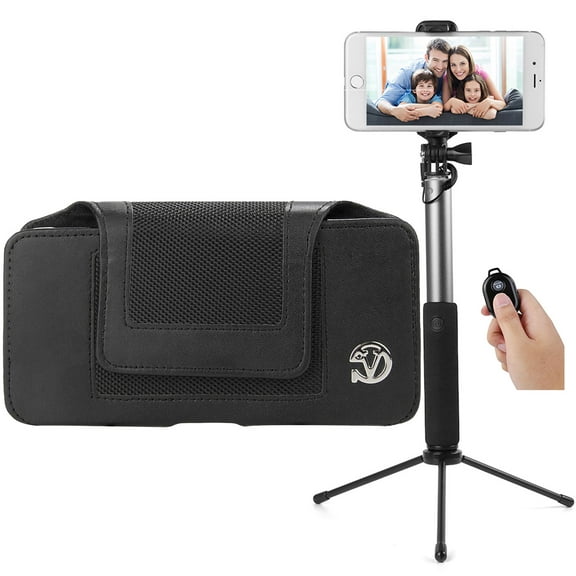 BUNDLE: Professional Vegan Leather Horizontal Smartphone Holster Case (Black) & Selfie Stick Mini Tripod 2.0 - fits Smartphones up to 6.7-inch iPhone XS Max / XR / 8+ Galaxy Note 9 / 8 S10 5G / S10+