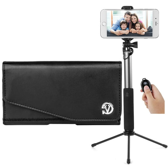 BUNDLE: Professional Vegan Leather Horizontal Smartphone Holster Case (Black) & Selfie Stick Mini Tripod 2.0 - fits Smartphones up to 6.7-inch iPhone XS Max / XR Galaxy Note 9 / S10 5G / S10+ / S10