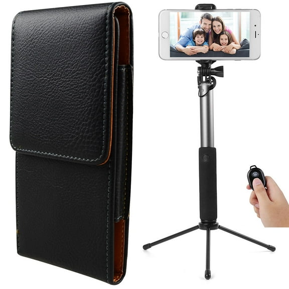 BUNDLE: Professional Vegan Leather Vertical Smartphone Holster Case (Black) & Selfie Stick Mini Tripod 2.0 (Silver) - fits Smartphone up to 6.5-inch iPhone XR/XS Max/XS/X/8+ Galaxy S10+/S9+ Pixel 3 XL