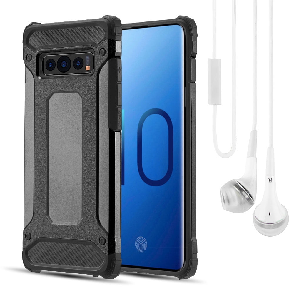 BUNDLE: Rugged Performance Dual Layer Hybrid Case for Galaxy S10 (Black) & Deluxe Stereo Hands-Free Headset - Ultra Slim, Port Covers, Bumper Corner Protection, Shock Absorption, Raised Lip Guard