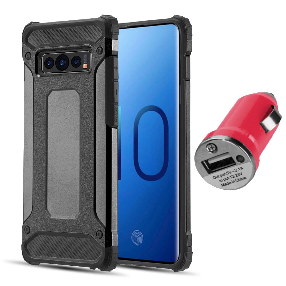 BUNDLE: Rugged Performance Dual Layer Hybrid Case for Galaxy S10 (Black) & USB Car Charger Adapter - Ultra Lightweight, Port Covers, Bumper Corner Protection, Shock Absorption, Raised Lip Guard