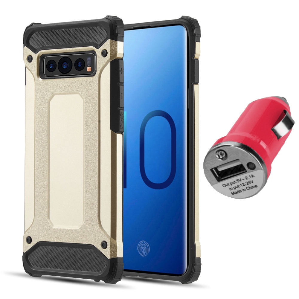 BUNDLE: Rugged Performance Dual Layer Hybrid Case for Galaxy S10 (Gold) & USB Car Charger Adapter - Ultra Lightweight, Port Covers, Bumper Corner Protection, Shock Absorption, Raised Lip Guard
