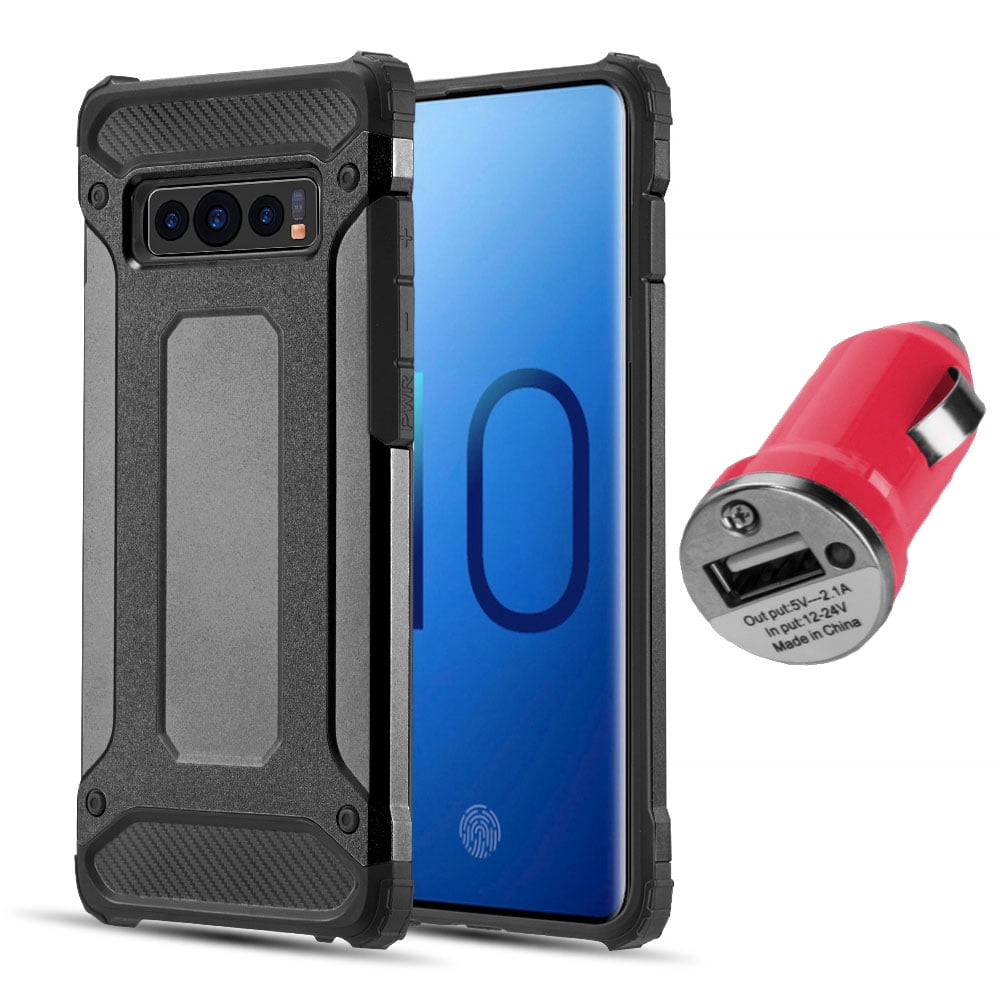 BUNDLE: Rugged Performance Dual Layer Hybrid Case for Galaxy S10 Plus (Black) & USB Car Charger Adapter - Ultra Lightweight, Port Covers, Bumper Corner Protection, Shock Absorption, Raised Lip Guard